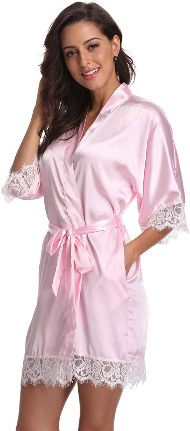 Original Kimono Women'S Lace-Trimmed Satin Short Kimono Robe Bathrobe Loungewear Apparel & Accessories > Clothing > Sleepwear & Loungewear > Robes Original Kimono   