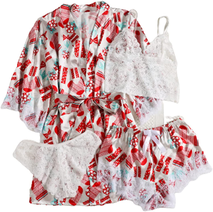 WDIRARA Women'S 4 Pieces Satin Floral Lace Cami Top Lingerie Pajama Set with Robe Apparel & Accessories > Clothing > Underwear & Socks > Lingerie WDIRARA Multicolor Christmas Medium 