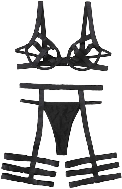 Shein Women'S Lingerie Set with Garter Belts 3 Piece Sexy Cut Out Lingerie Bodysuit Apparel & Accessories > Clothing > Underwear & Socks > Lingerie SheIn Black Large 