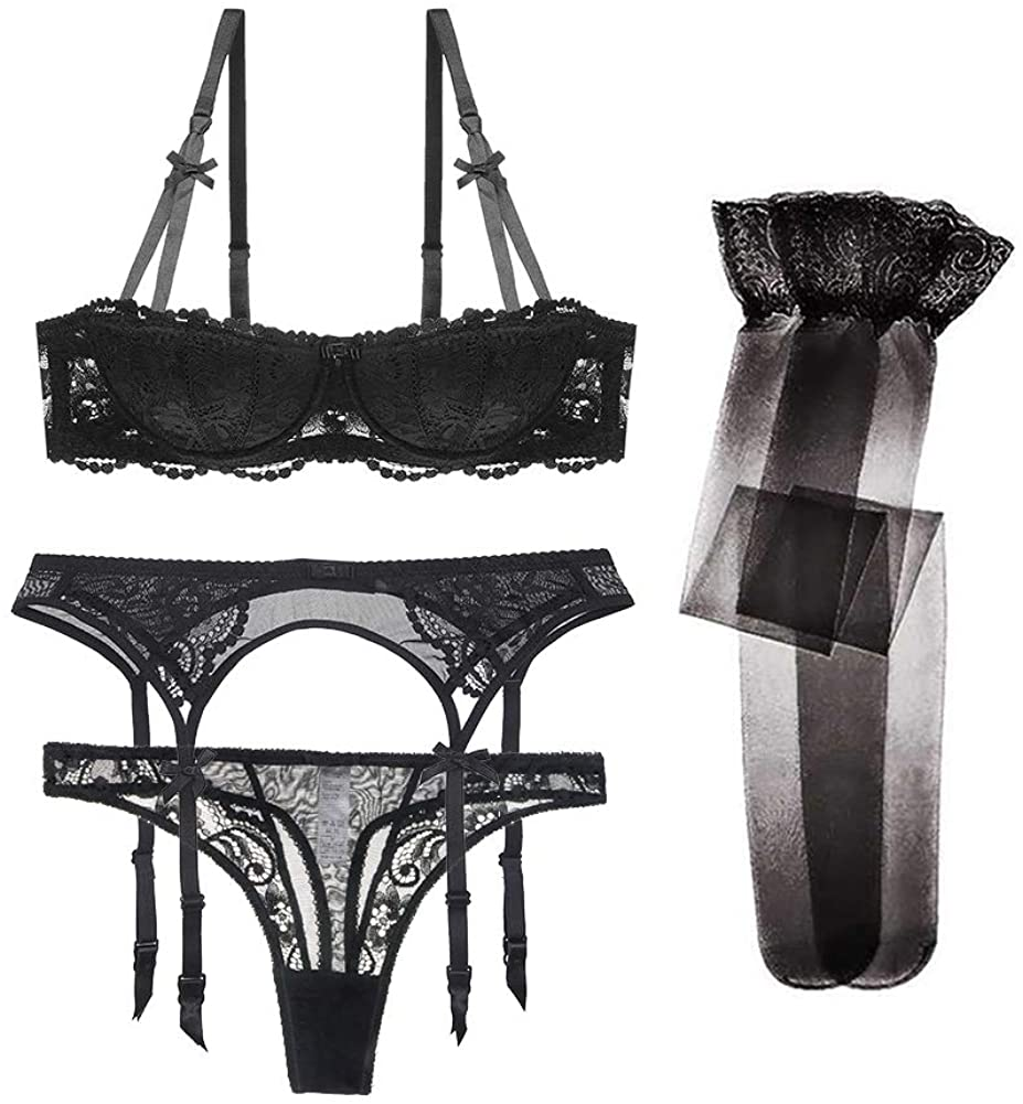 Women Push up Bras Set Lace Lingerie Bra Panties Garter Stocking 4Pcs/Lot Apparel & Accessories > Clothing > Underwear & Socks > Lingerie Varsbaby Black Thong 38D 