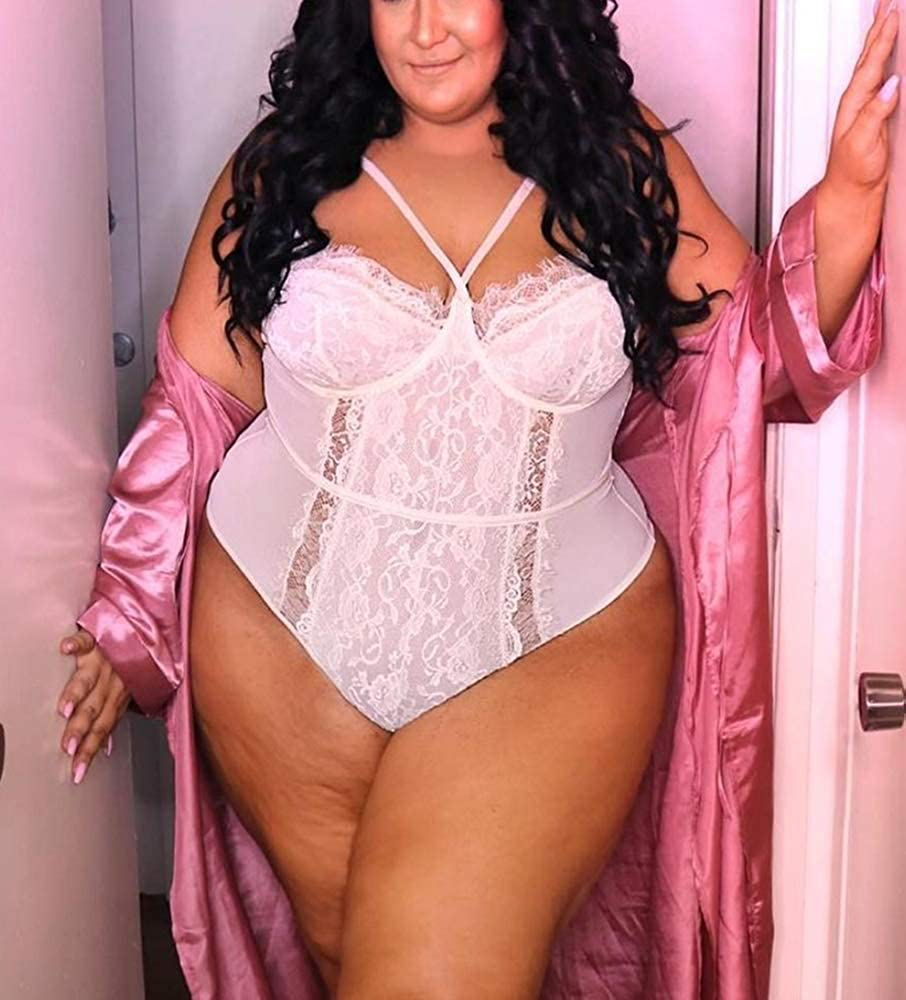 Plus Size Lingerie for Women Sexy Eyelash Lace Bodysuit Naughty Mesh One Piece Teddy Outfits Apparel & Accessories > Clothing > Underwear & Socks > Lingerie KYLIE MAX   