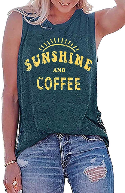 Umsuhu Sunshine and Coffee Tank Casual Summer Graphic Tank Tops for Women Sleeveless Graphic Tank Tops Tee Shirts Apparel & Accessories > Clothing > Activewear Kylie Max   