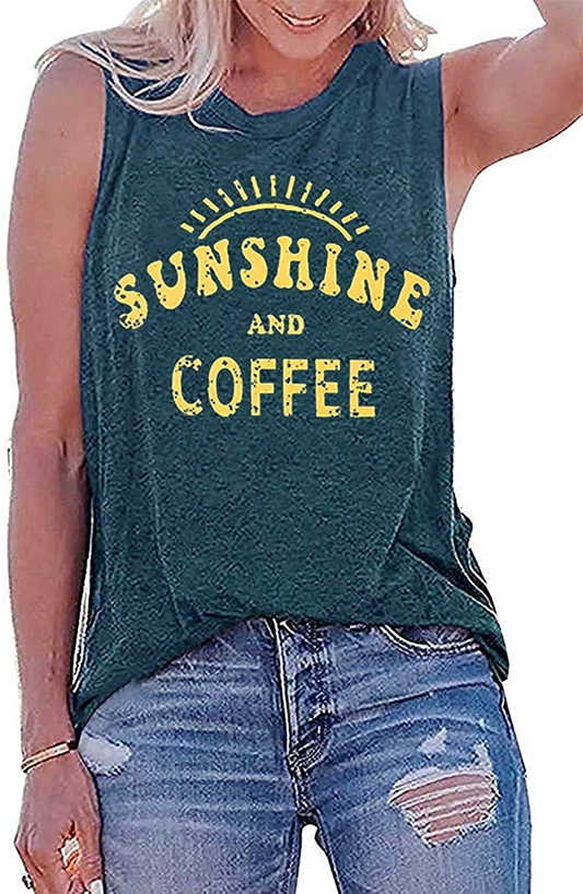 Umsuhu Sunshine and Coffee Tank Casual Summer Graphic Tank Tops for Women Sleeveless Graphic Tank Tops Tee Shirts Apparel & Accessories > Clothing > Activewear Kylie Max   