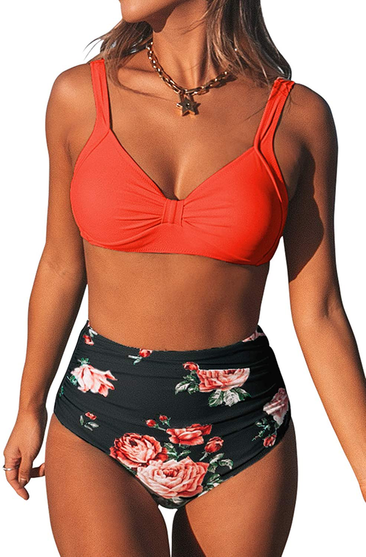CUPSHE Women's High Waist Bikini Swimsuit Floral Print Knot Two Piece Bathing Suit Apparel & Accessories > Clothing > Swimwear KYLIE MAX Orange Black X-Small 