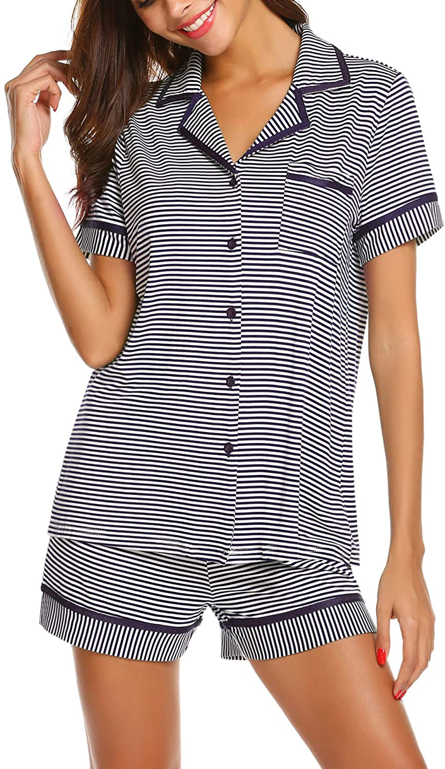 Ekouaer Pajamas Soft Striped Women's Short Sleeve Button Sleepwear Shorts Shirt PJ Set(S-XXL) Apparel & Accessories > Clothing > Sleepwear & Loungewear > Pajamas Ekouaer D-purple Striped Large 