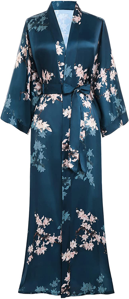 BABEYOND Long Print Kimono Robe Blouse Kimono Cover up Loose Cardigan Top Outwear Apparel & Accessories > Clothing > Sleepwear & Loungewear > Robes KYLIE MAX Pear Flower-dark Blue  