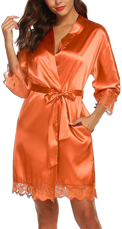 URRU Women'S Satin Silk Bathrobe Oblique V-Neck Short Kimono Robe Bridesmaids Robe S-XXXL Apparel & Accessories > Clothing > Sleepwear & Loungewear > Robes KYLIE MAX   