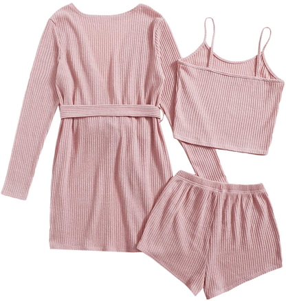 Shein Women'S 3Pcs Rib Knit Lounge Wear Cami Shorts Pajama Set with Belted Robe Apparel & Accessories > Clothing > Sleepwear & Loungewear Kylie Max   