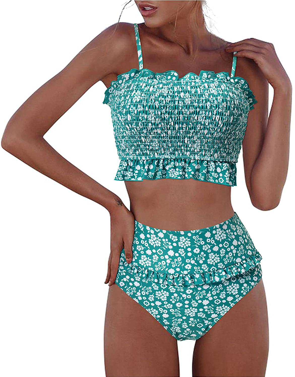 RXRXCOCO Womens Shirred Bandeau Bikini Cute Two Piece Swimsuit Off Shoulder High Waist Bathing Suit Apparel & Accessories > Clothing > Swimwear RXRXCOCO Green Floral-1 Small 