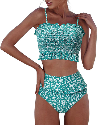 RXRXCOCO Womens Shirred Bandeau Bikini Cute Two Piece Swimsuit Off Shoulder High Waist Bathing Suit Apparel & Accessories > Clothing > Swimwear RXRXCOCO Green Floral-1 Small 