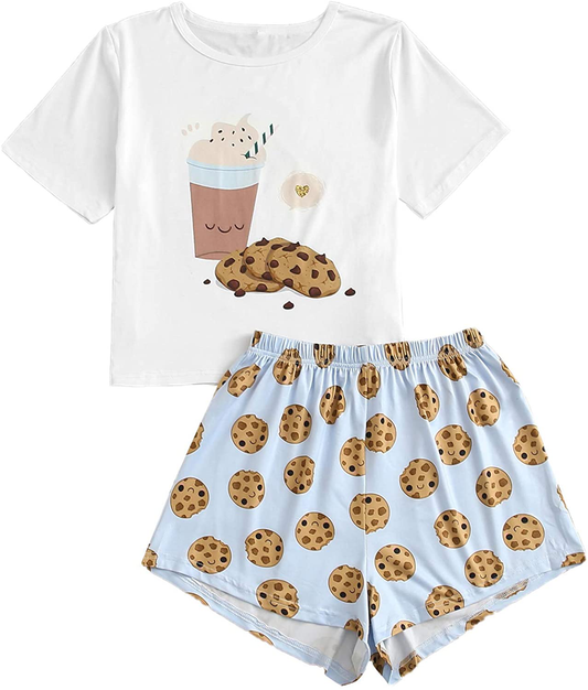 ROMWE Women'S 2 Piece Pajama Set Cartoon Print Short Sleeve Tops and Shorts Lounge Set Apparel & Accessories > Clothing > Sleepwear & Loungewear Kylie Max   