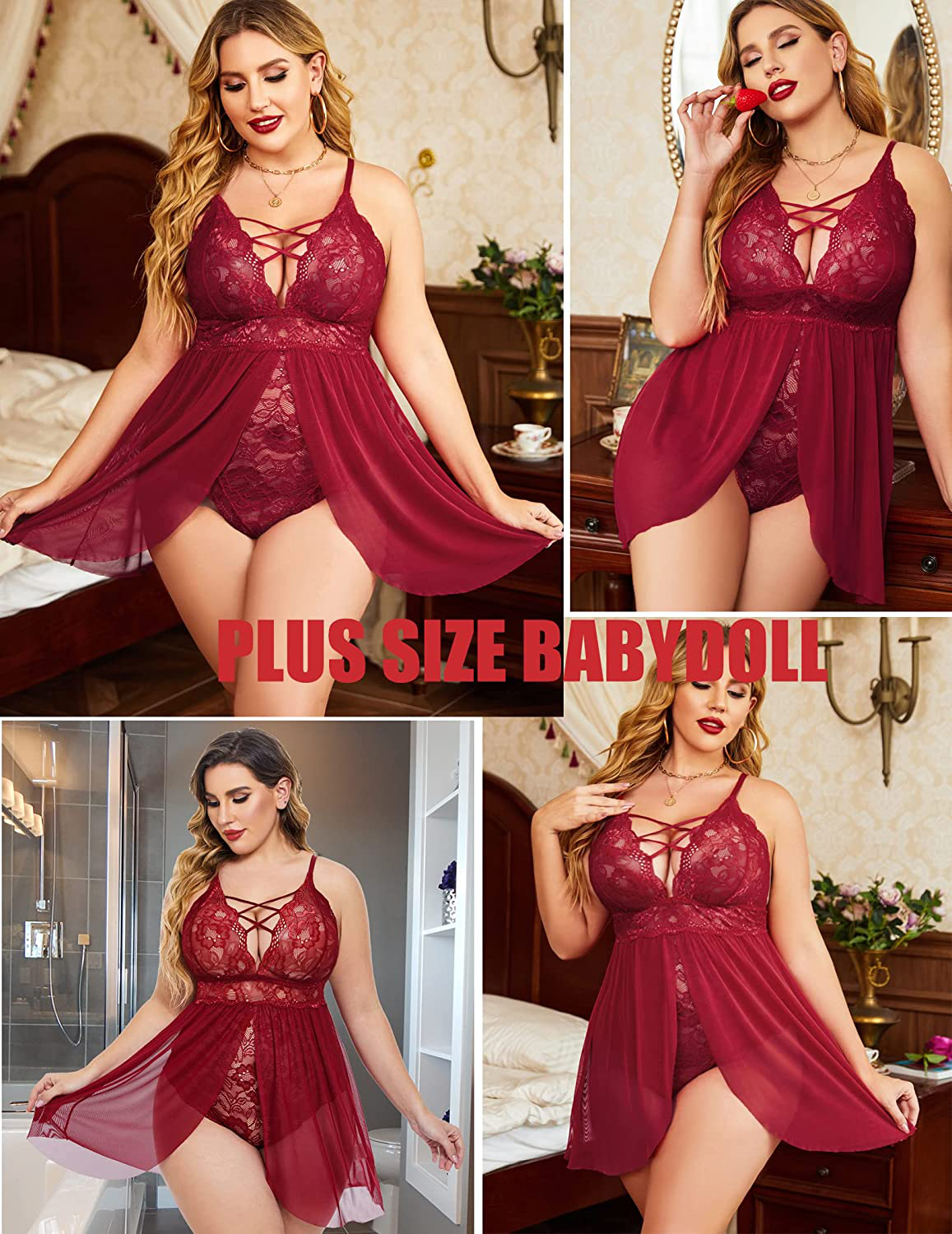 Avidlove plus Size Babydoll Womens Snap Crotch Lingerie V Neck Lace Nighty Mesh Sleepwear L-5XL Apparel & Accessories > Clothing > Underwear & Socks > Lingerie Kylie Max   
