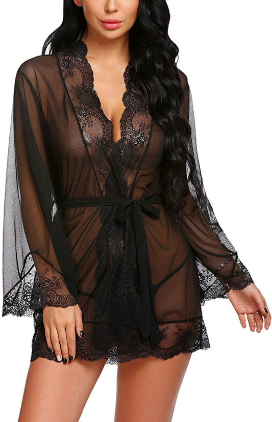 Avidlove Women Lace Kimono Robe Babydoll Sexy Lingerie Mesh Chemise Nightgown Cover Up Apparel & Accessories > Clothing > Sleepwear & Loungewear > Robes Avidlove Black Medium 