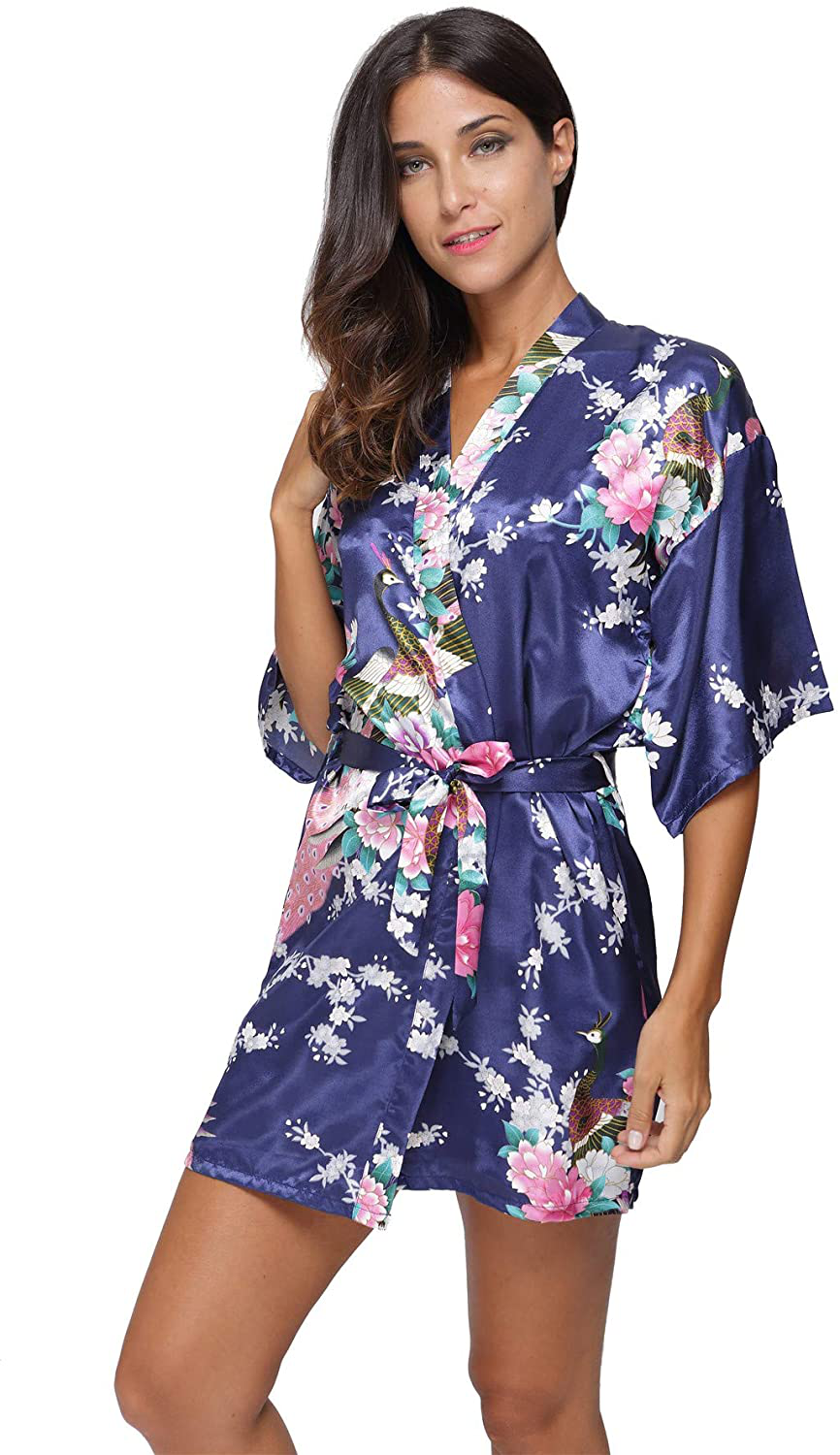 Original Kimono Women'S Short Satin Kimono Robe Floral Peacock Patterned Bathrobe Silky Bridal Nightwear Apparel & Accessories > Clothing > Sleepwear & Loungewear > Robes Original Kimono   