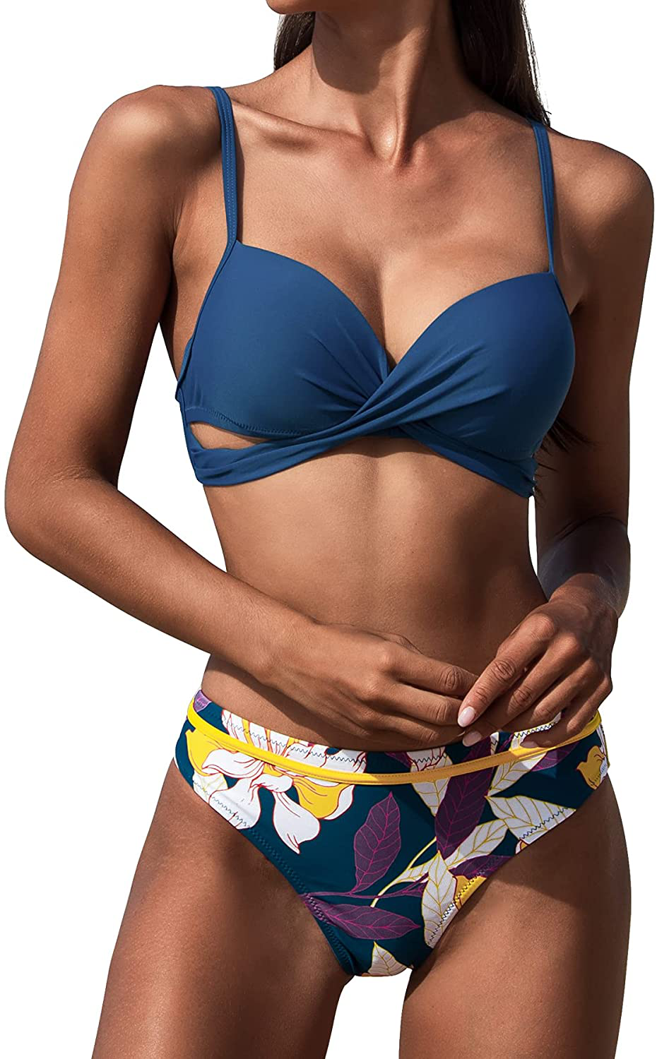 CUPSHE Women's Leafy Wrap Tie Bikini Set Halter Back Bow Low Waisted Bathing Suit Apparel & Accessories > Clothing > Swimwear KYLIE MAX Indigo Blue X-Small 