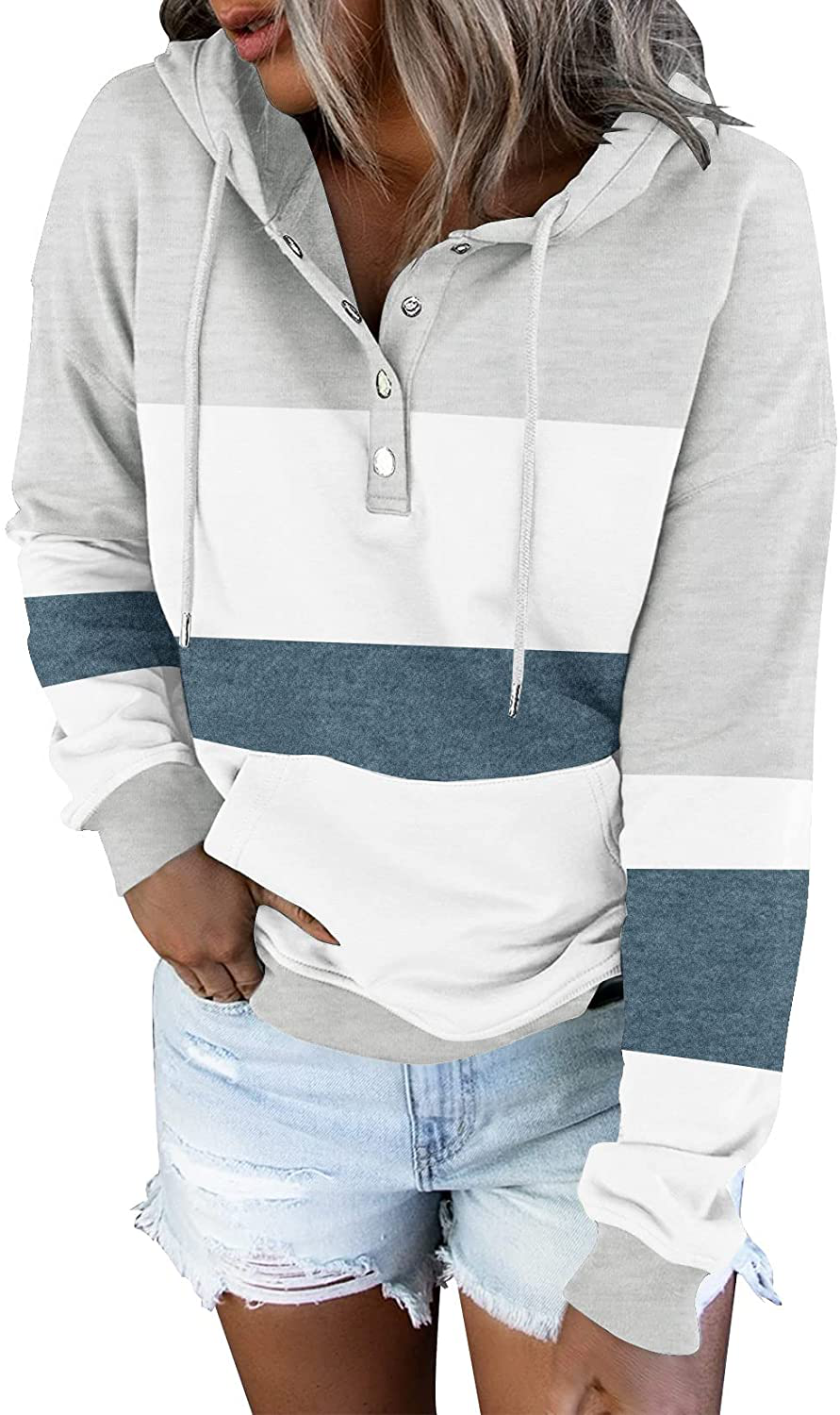 ETCYY Women'S Color Block Hoodies Tops Long Sleeve Casual Drawstring Button down Pullover Sweatshirt with Pocket Apparel & Accessories > Clothing > Activewear Kylie Max   