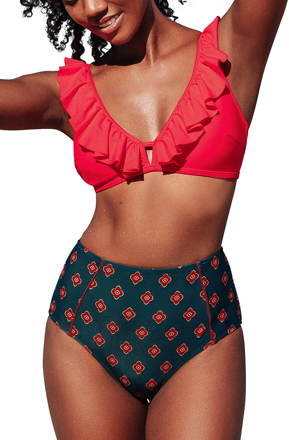 CUPSHE Women's High Waist Bikini Swimsuit Ruffle Floral Print Two Piece Bathing Suit Apparel & Accessories > Clothing > Swimwear CUPSHE Red Black Medium 