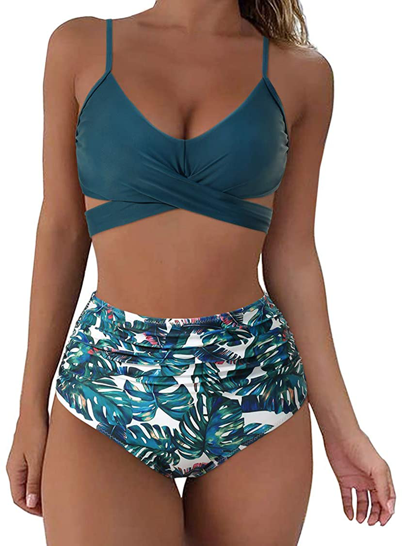 SUUKSESS Women Wrap Bikini Set Push Up High Waisted 2 Piece Swimsuits Apparel & Accessories > Clothing > Swimwear SUUKSESS 87-2 Blue Floral 4-6 