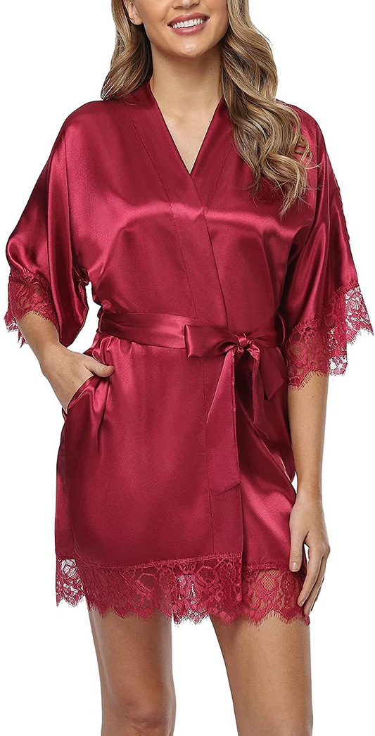 Old-Times Women Satin Short Robes for Bridesmaid Bride Sexy Nightgown Lace Trim Lightweight Bathrobe Apparel & Accessories > Clothing > Sleepwear & Loungewear > Robes Old-Times   