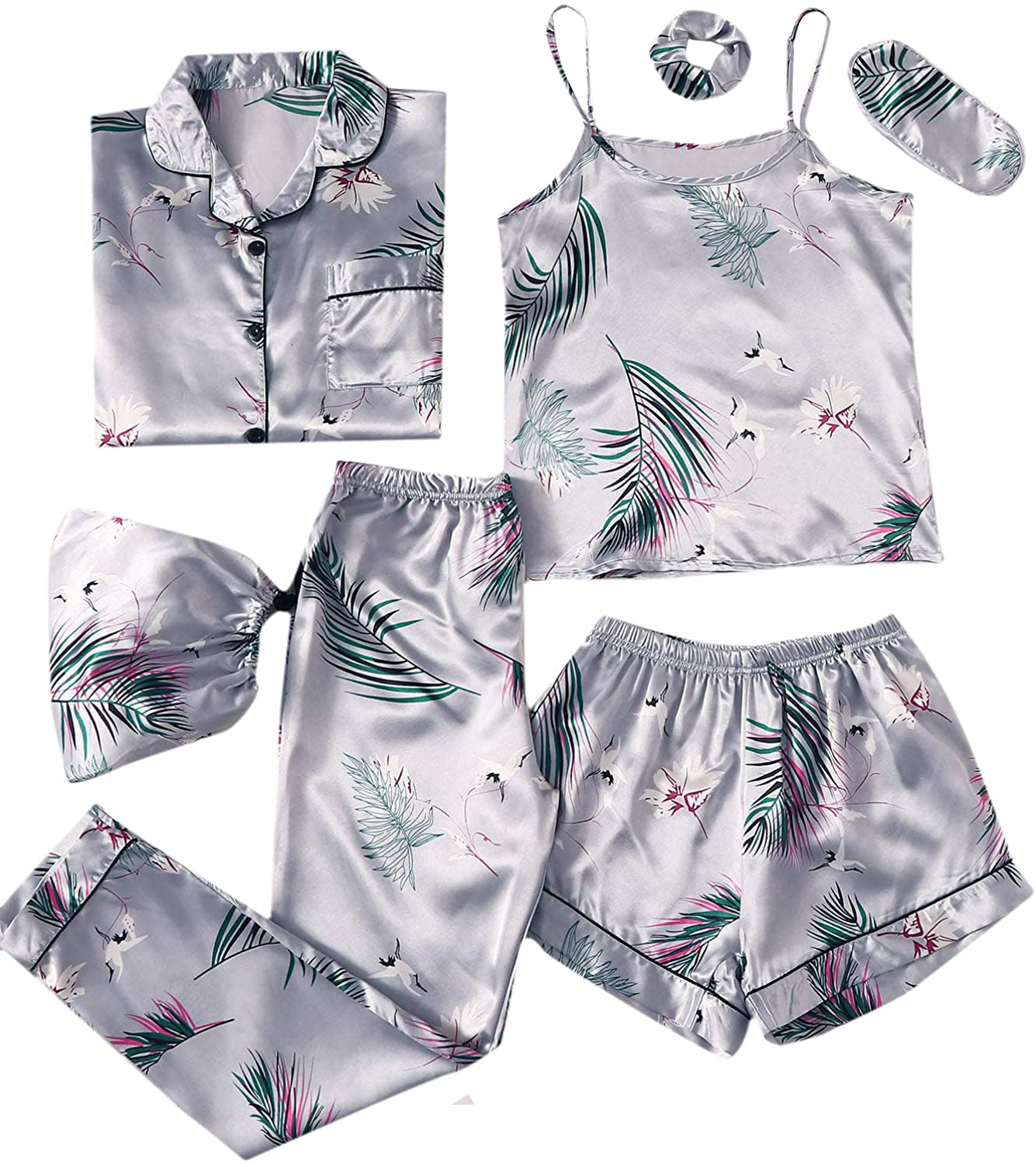 SheIn Women's 7pcs Pajama Set Cami Pjs with Shirt and Eye Mask Apparel & Accessories > Clothing > Sleepwear & Loungewear > Pajamas SheIn Grey Small 