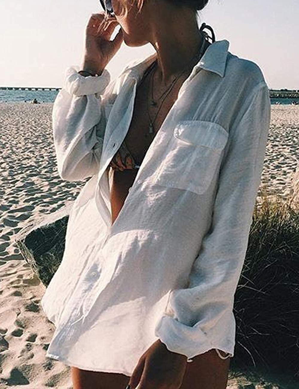 Bsubseach Women Long Sleeve Beach Shirt Blouses Turn down Collar Bathing Suit Cover Ups Apparel & Accessories > Clothing > Swimwear Kylie Max   