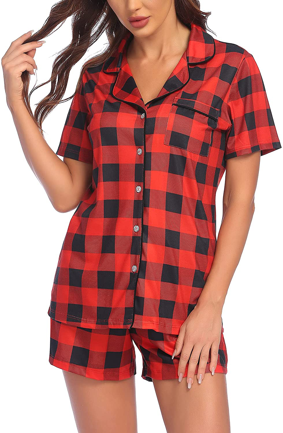 Ekouaer Pajamas Set Short Sleeve Sleepwear Womens Button Down Nightwear Soft Pj Lounge Sets XS-XXL Apparel & Accessories > Clothing > Sleepwear & Loungewear > Pajamas Ekouaer Pat19-red Plaid Large 