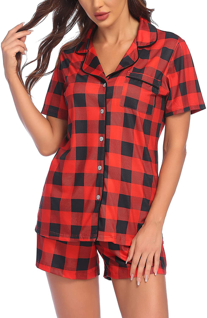 Ekouaer Pajamas Set Short Sleeve Sleepwear Womens Button Down Nightwear Soft Pj Lounge Sets XS-XXL Apparel & Accessories > Clothing > Sleepwear & Loungewear > Pajamas Ekouaer Pat19-red Plaid Large 
