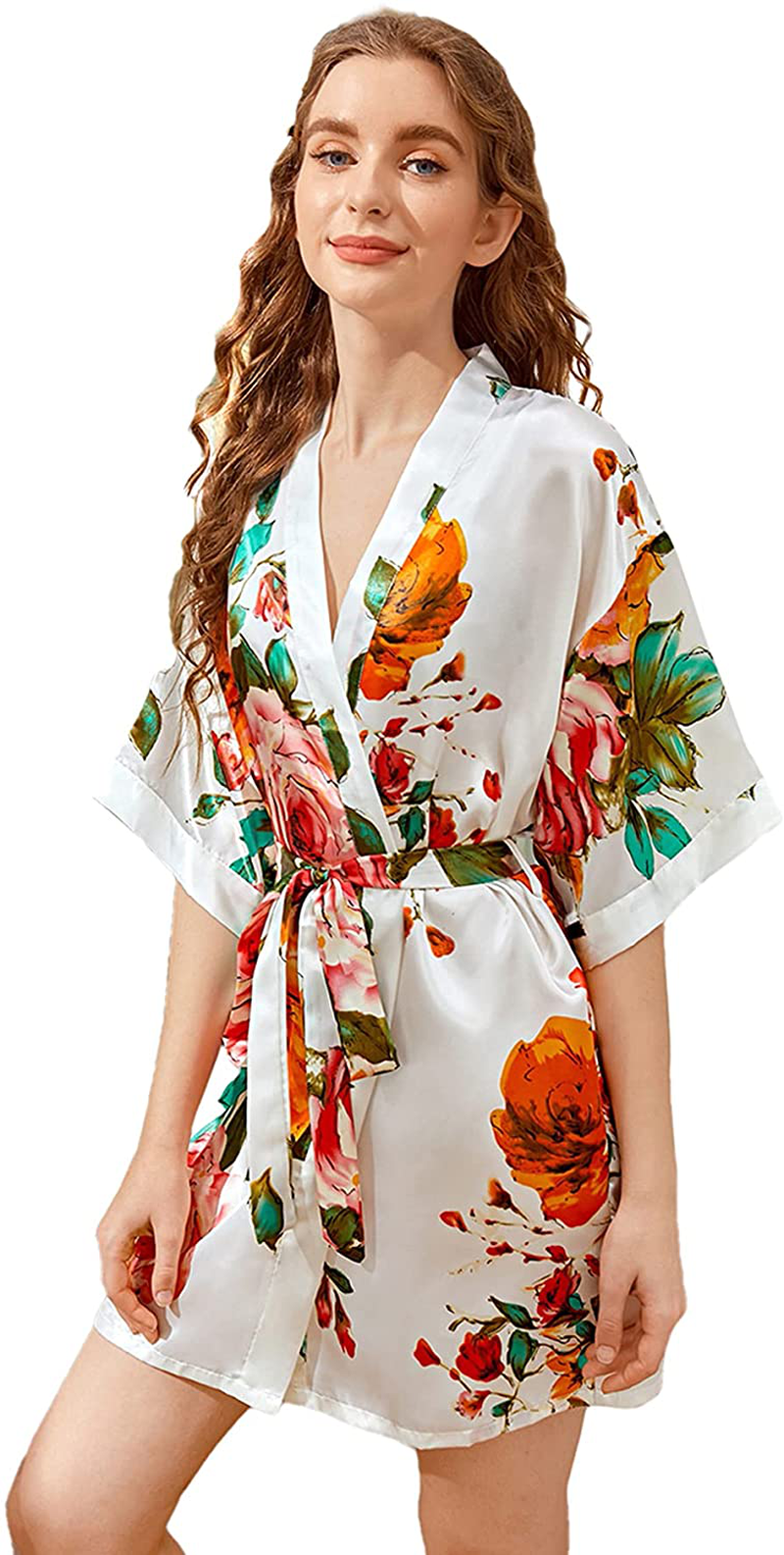 Floerns Women'S Bridesmaid Satin Kimono Oblique V Neck Bathrobe Robes Apparel & Accessories > Clothing > Sleepwear & Loungewear > Robes Floerns   
