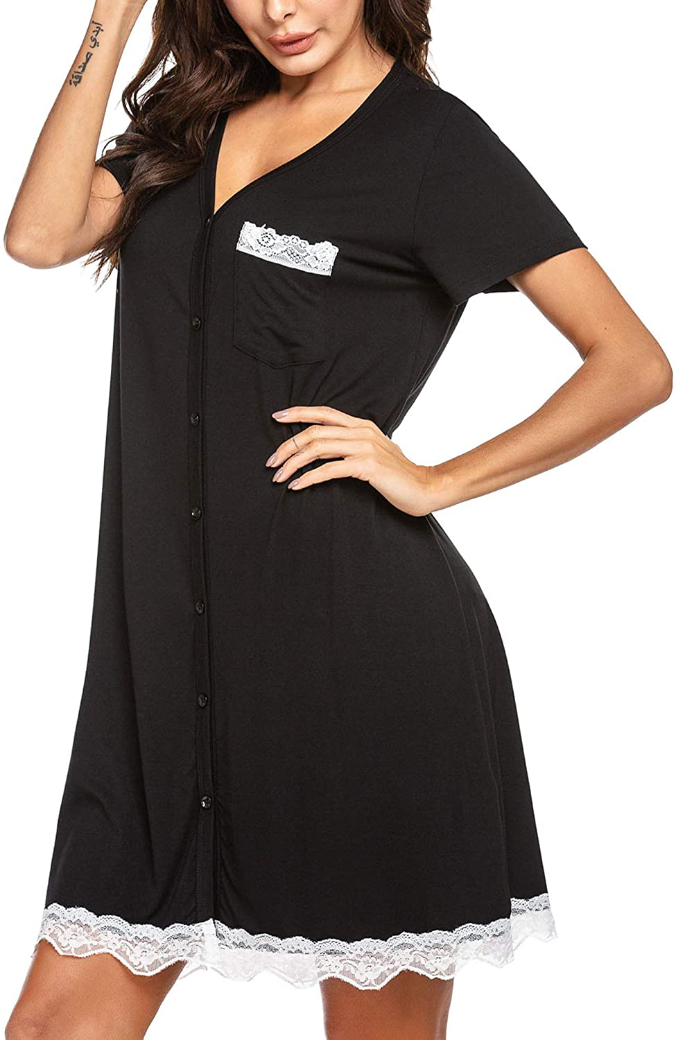 Ekouaer Women'S Nightgown Striped Tee Short Sleeve Cotton Sleep Nightshirt Button down Pajama Dress S-XXXL Apparel & Accessories > Clothing > Sleepwear & Loungewear > Nightgowns Kylie Max   