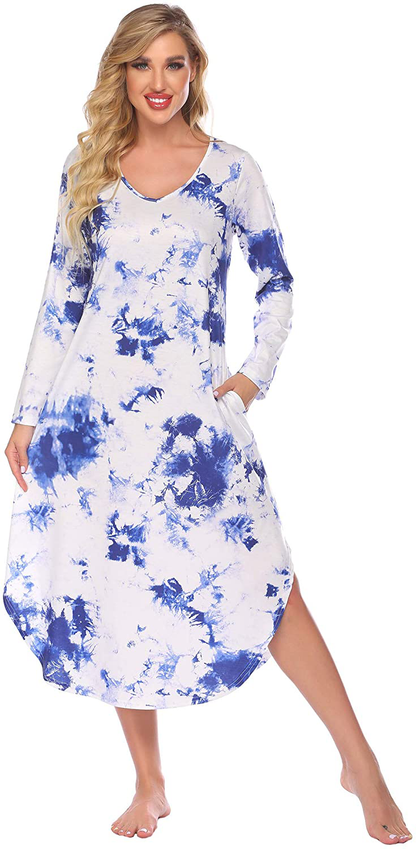 Ekouaer Nightgowns Womens V Neck Nightshirts Long Sleeve Sleepwear plus Size Night Wear S-XXL Apparel & Accessories > Clothing > Sleepwear & Loungewear > Nightgowns Kylie Max   