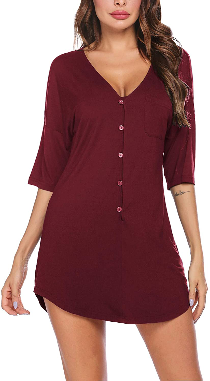 Ekouaer Nightgown Button down Nightshirt Short V Neck Night Shirts Womens Boyfriend Sexy Sleepwear S-XXL Apparel & Accessories > Clothing > Sleepwear & Loungewear > Nightgowns Kylie Max   