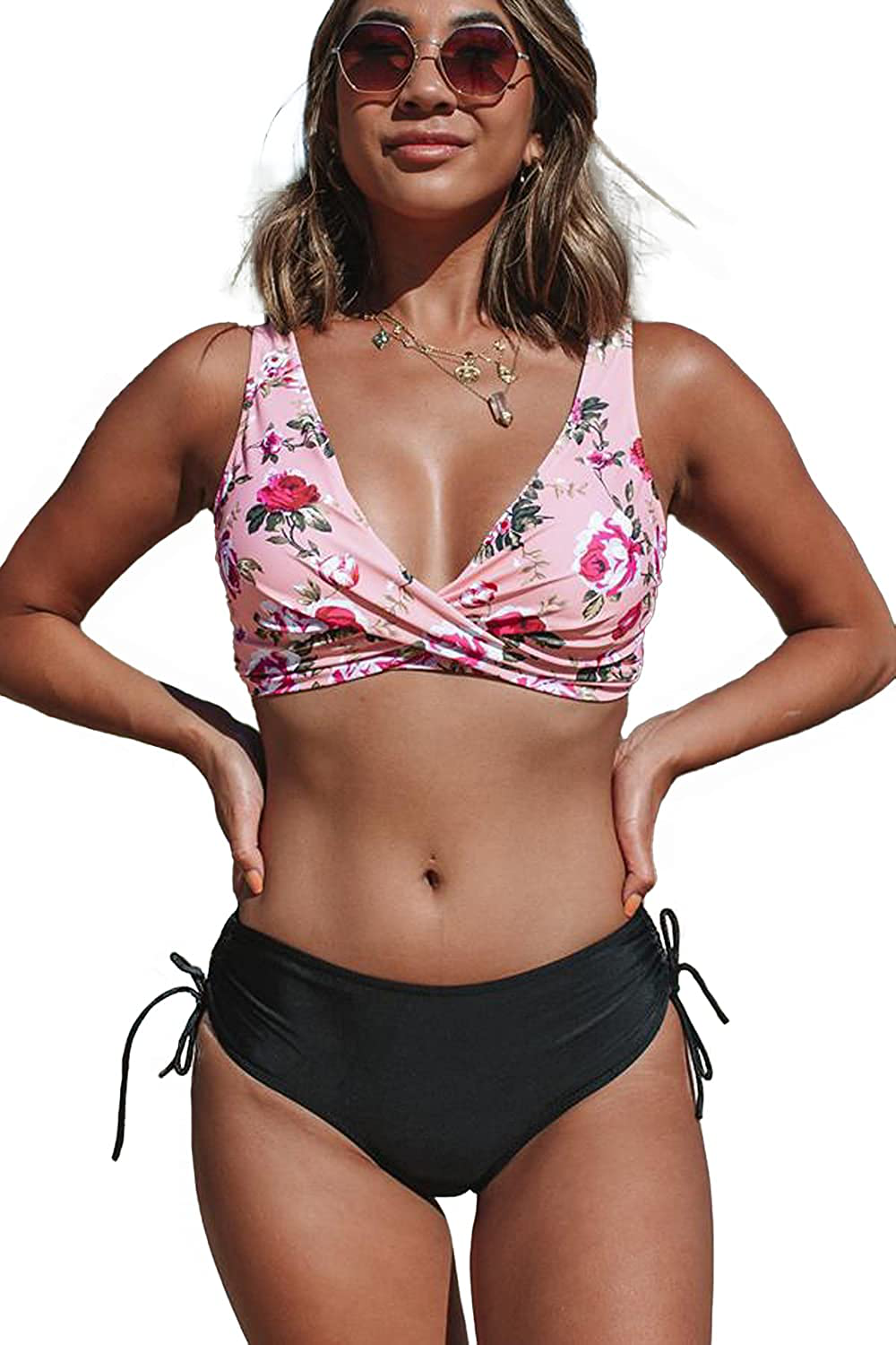 Beachsissi High Waisted Bikini Twist Front Tie Back 2 Piece Swimsuit Solid Color Apparel & Accessories > Clothing > Swimwear Beachsissi Floral Small 