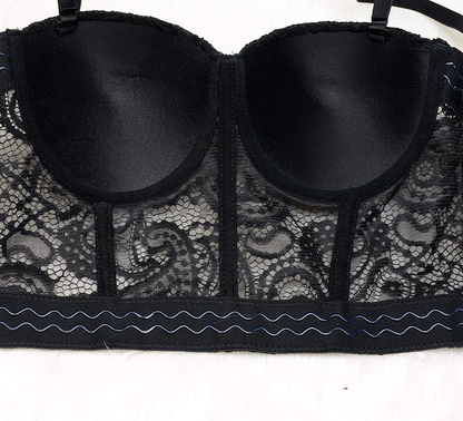 ELLACCI Women'S Paisley Mesh Lace Bustier Crop Top Sexy Corset Top Bra Black Apparel & Accessories > Clothing > Underwear & Socks > Lingerie ELLACCI   