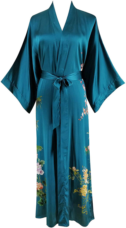 Ledamon Women'S 100% Silk Kimono Long Robe - Classic Colors and Prints Apparel & Accessories > Clothing > Sleepwear & Loungewear > Robes Ledamon Dark Green-b  