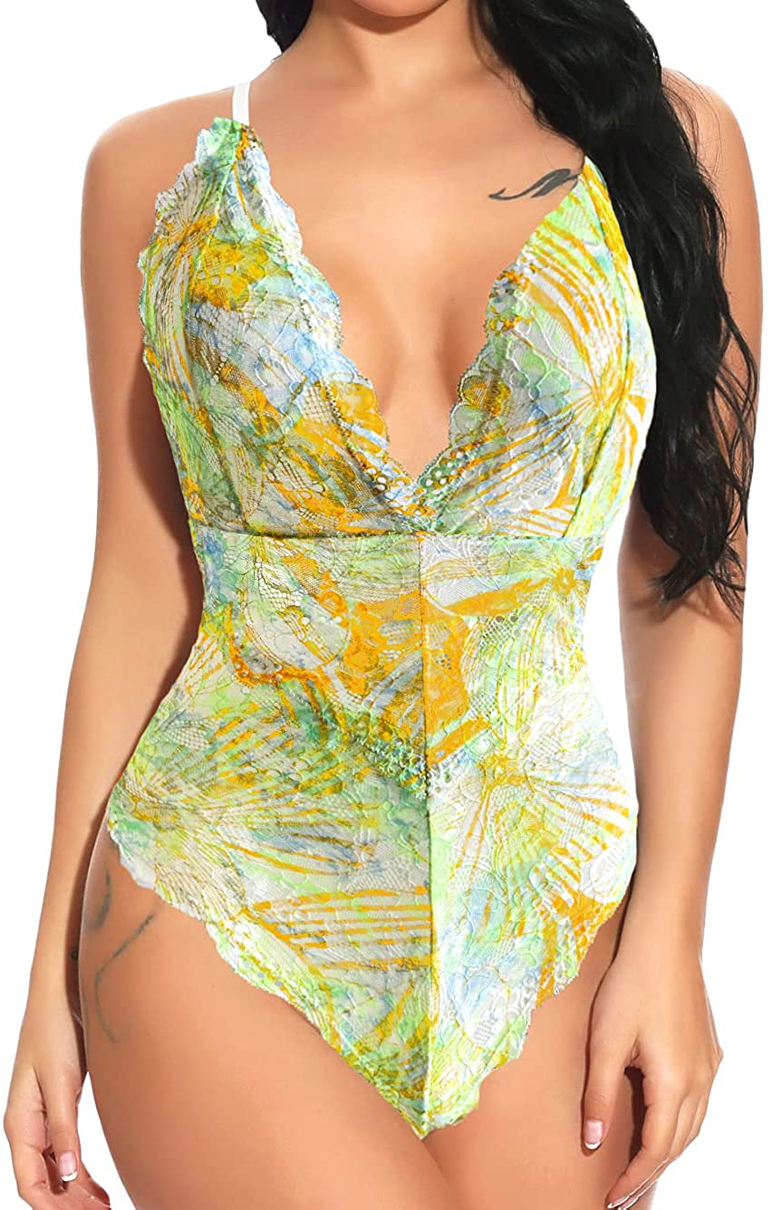 Kaei&Shi V-Neck See Through Lingerie Floral Lace Babydoll Sexy Lingerie for Women One Piece Bodysuit Apparel & Accessories > Clothing > Underwear & Socks > Lingerie Kaei&Shi Multi Green Large 