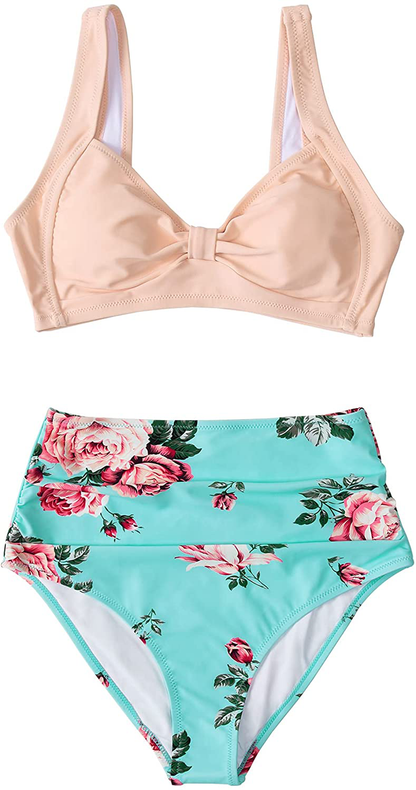 CUPSHE Women's High Waist Bikini Swimsuit Floral Print Knot Two Piece Bathing Suit Apparel & Accessories > Clothing > Swimwear CUPSHE   