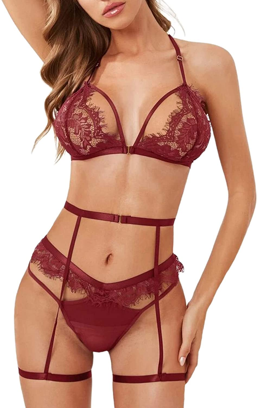 Sofia'S Choice Women'S 3 Piece Lingerie Set with Garter Belt Sexy Bra and Panty Sets Apparel & Accessories > Clothing > Underwear & Socks > Lingerie SOFIA'S CHOICE Wine Red Small 