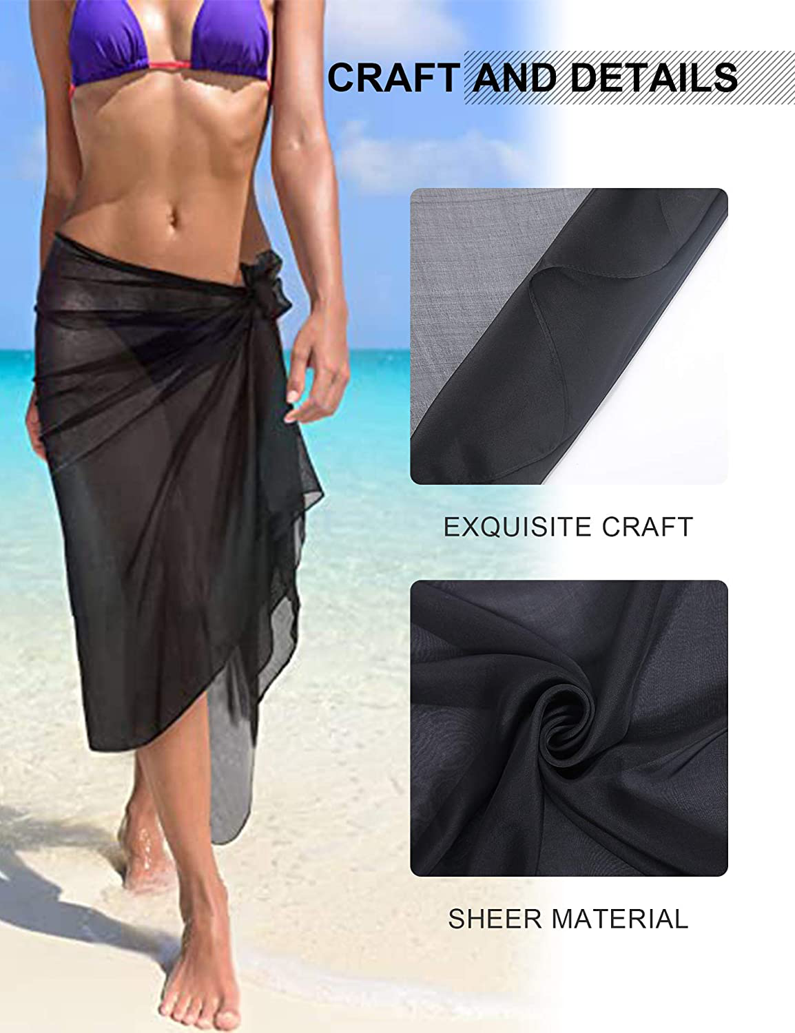 Missshorthair Womens Chiffon Beach Pareos Sarong Sheer Swimsuit Cover Ups Swimwear Bikini Wrap Apparel & Accessories > Clothing > Swimwear Kylie Max   