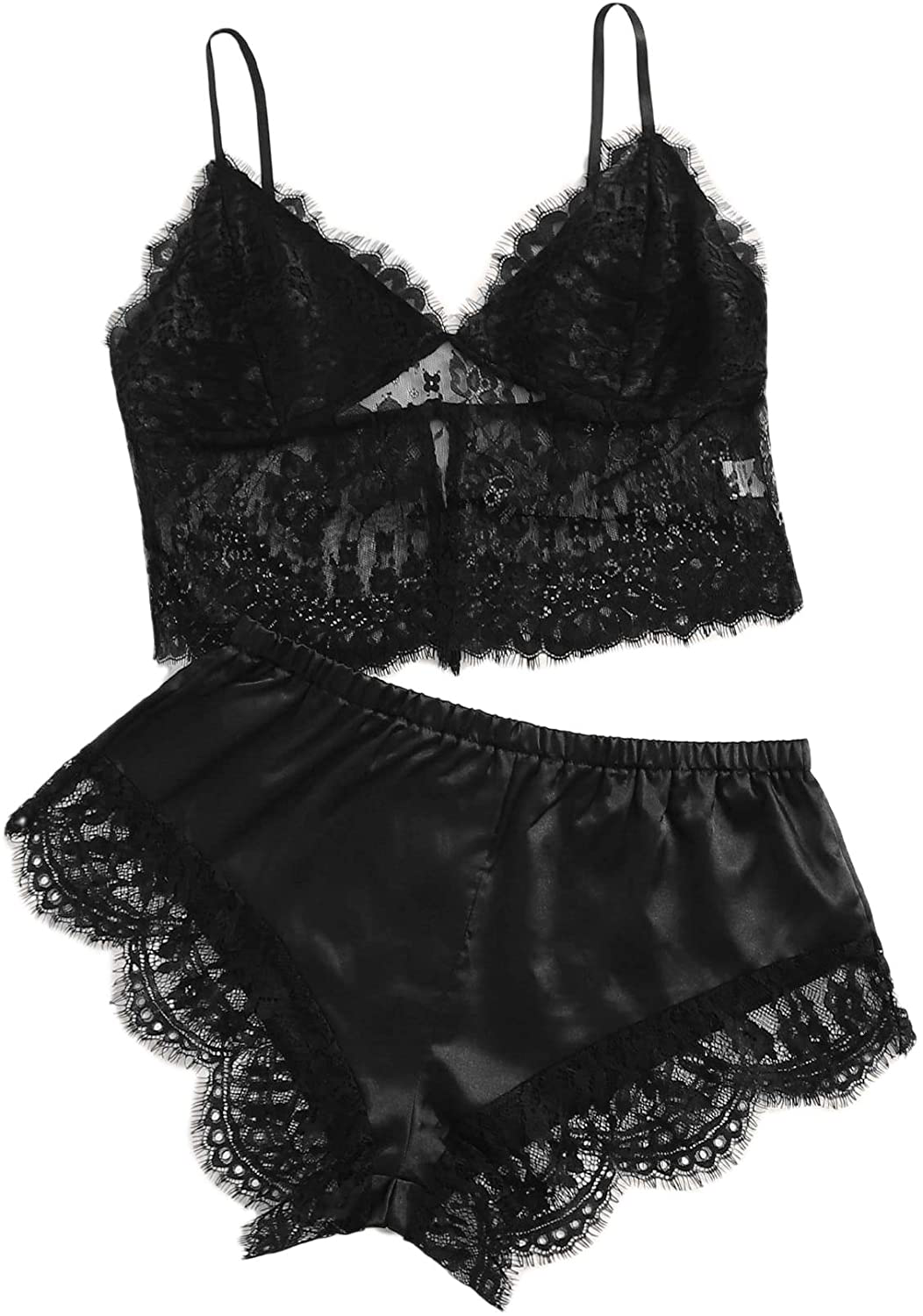 Verdusa Women'S Sleepwear V Neck Lace Wireless Cami Top & Satin Shorts Lingerie Chemise Pajama Set Apparel & Accessories > Clothing > Sleepwear & Loungewear Kylie Max   