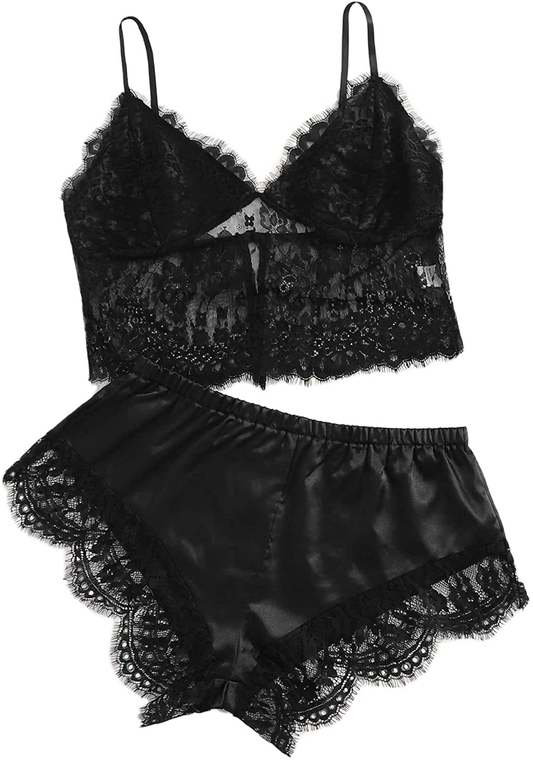 Verdusa Women'S Sleepwear V Neck Lace Wireless Cami Top & Satin Shorts Lingerie Chemise Pajama Set Apparel & Accessories > Clothing > Sleepwear & Loungewear Kylie Max   