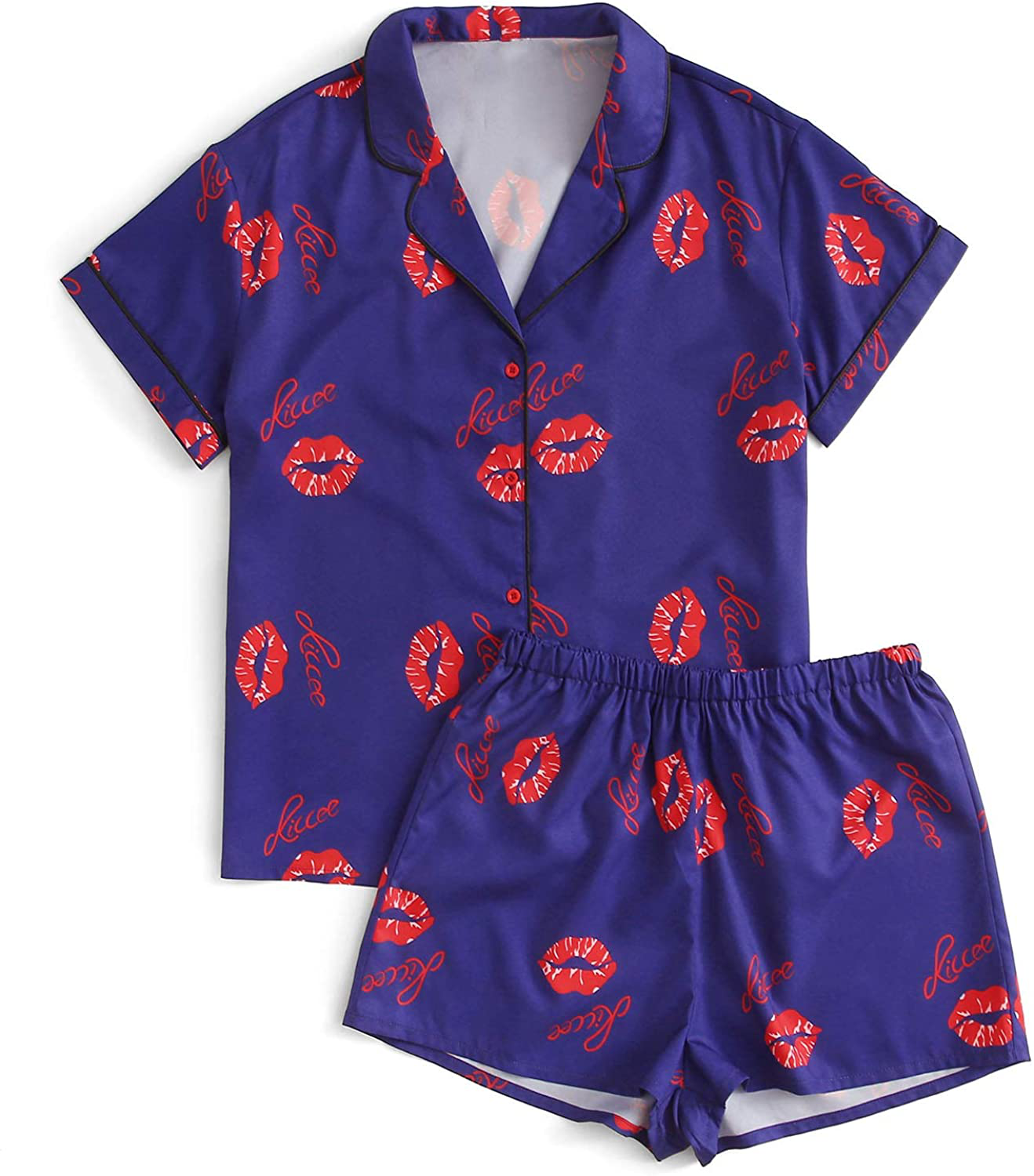 Floerns Women's Notch Collar Palm Leaf Print Sleepwear Two Piece Pajama Set Apparel & Accessories > Clothing > Sleepwear & Loungewear > Pajamas Floerns Blue Lip Small 