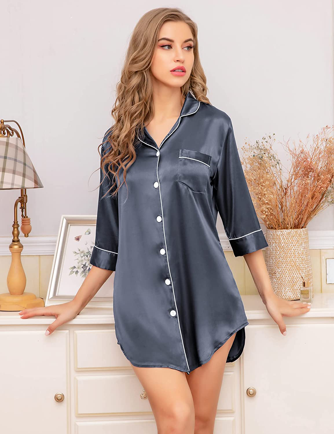 SWOMOG Women'S Satin Nightgown 3/4 Sleeve Sleepwear Button down Sleep Shirt Silk Nighty Pajama Top Apparel & Accessories > Clothing > Sleepwear & Loungewear > Nightgowns Kylie Max   