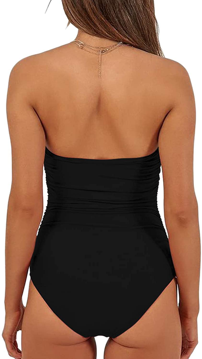 QINSEN Womens Sexy Strapless Tie Knot Front High Waist One Piece Swimsuit Apparel & Accessories > Clothing > Swimwear Kylie Max   