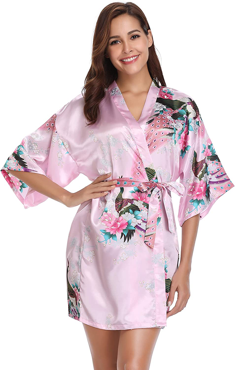 Vlazom Women'S Kimono Robes Short Satin Pure Color Bridal Party Robe with Oblique V-Neck Apparel & Accessories > Clothing > Sleepwear & Loungewear > Robes KYLIE MAX Y-pink Floral XX-Large 