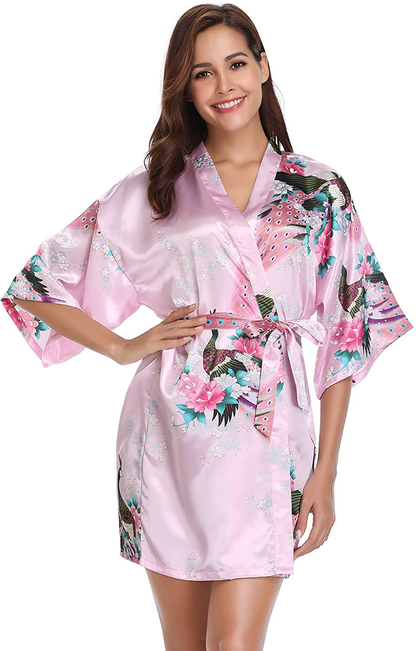 Vlazom Women'S Kimono Robes Short Satin Pure Color Bridal Party Robe with Oblique V-Neck Apparel & Accessories > Clothing > Sleepwear & Loungewear > Robes KYLIE MAX Y-pink Floral XX-Large 