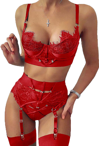 Kaei&Shi Floral Lace Patchwork,Underwire,Cutout,4 Piece,Garter Lingerie for Women Apparel & Accessories > Clothing > Underwear & Socks > Lingerie Kaei&Shi Red 0-2 