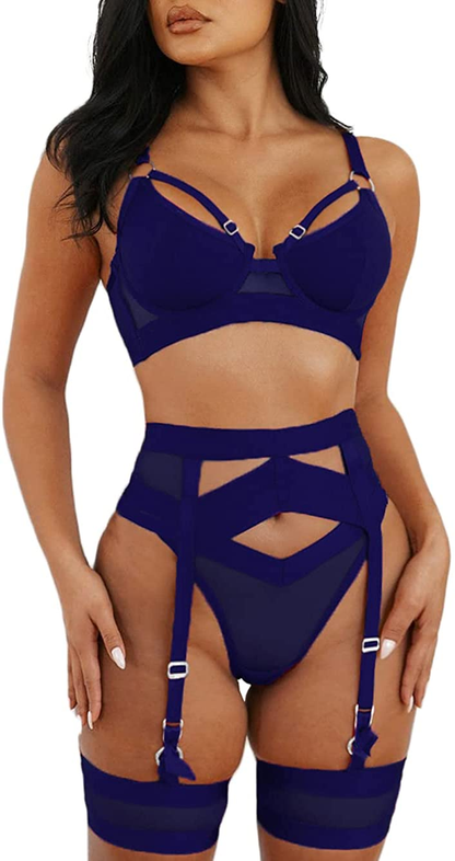 Garter Lingerie for Women,Sexy Lace Lingerie,Sheer Matching 4 Piece Lingerie Set Apparel & Accessories > Clothing > Underwear & Socks > Lingerie Kaei&Shi Navy Blue 12 