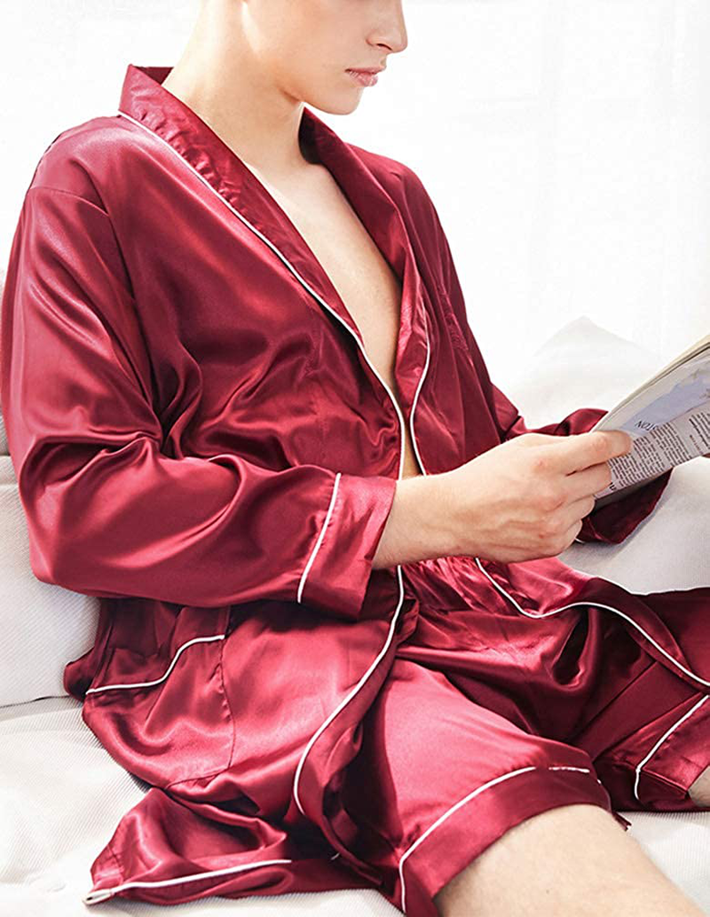 Lavnis Men'S Satin Bathrobe Nightgown Casual Kimono Robe Loungewear Sleepwear Pajama Set with Shorts Apparel & Accessories > Clothing > Sleepwear & Loungewear > Robes Kylie Max   