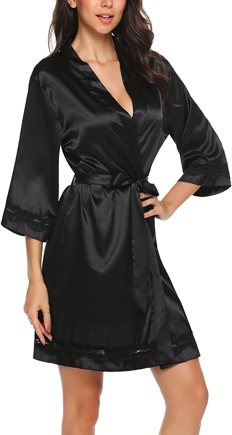 Ekouaer Women'S Lace-Trim Kimono Style Short Satin Robe Sleepwear with 3/4 Sleeve Apparel & Accessories > Clothing > Sleepwear & Loungewear > Robes Kylie Max   
