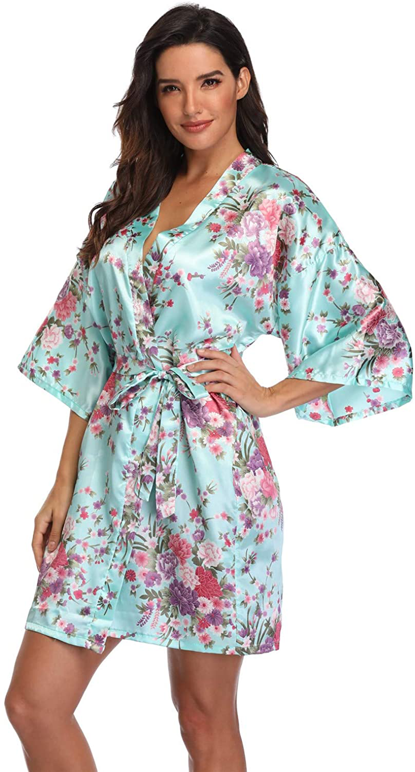 Women'S Floral Short Satin Bridesmaid Robes Silky Bride Robes Getting Ready Apparel & Accessories > Clothing > Sleepwear & Loungewear > Robes Super Shopping-zone Mint Green Floral X-Large 